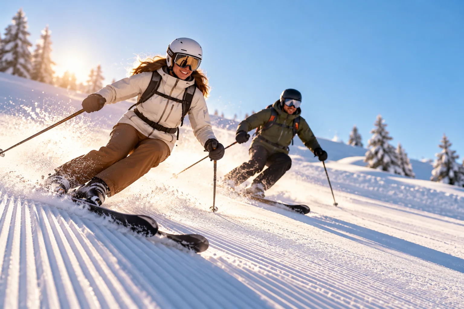 Couple de skieurs en action sur une piste fraîchement damée au soleil du matin