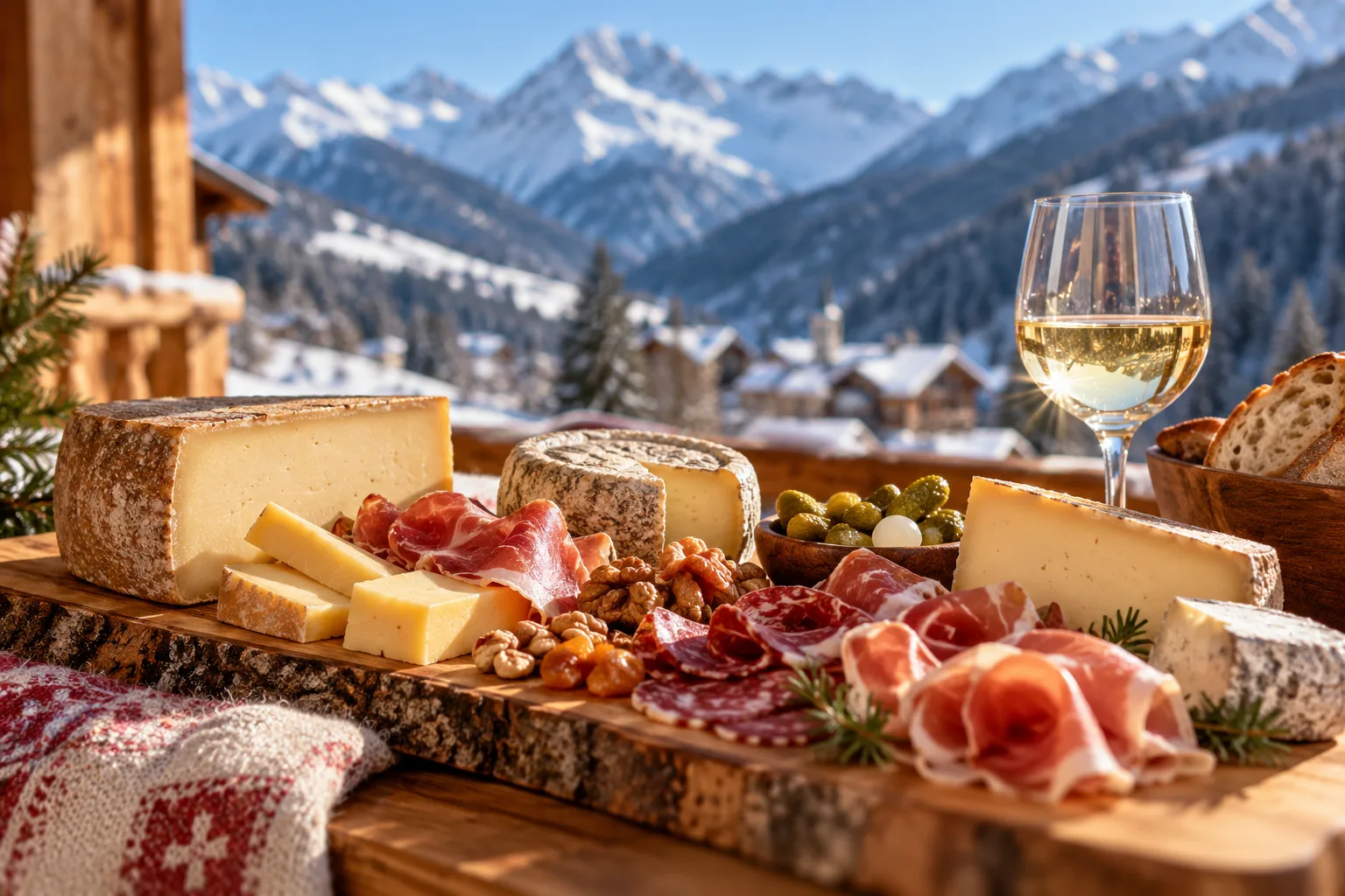 Planche de charcuteries et fromages de Savoie dans une ambiance alpine